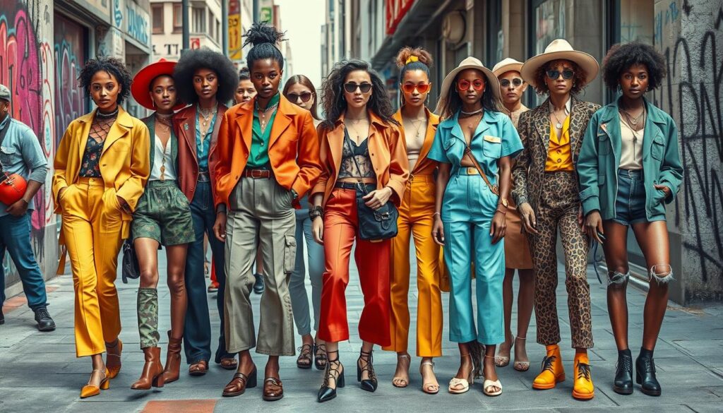 A group of stylish women in bold outfits walking confidently down an urban street.