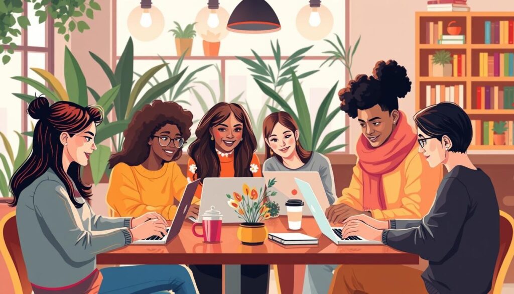 Guest blogging opportunities to increase blog traffic A diverse group of people collaborating with laptops in a cozy, plant-filled workspace, symbolizing teamwork and creativity.