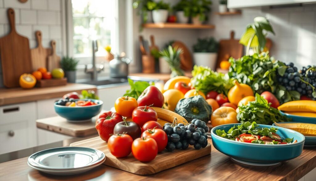 Healthy eating blogs A bright kitchen with fresh fruits, vegetables, and salads arranged on a wooden countertop.