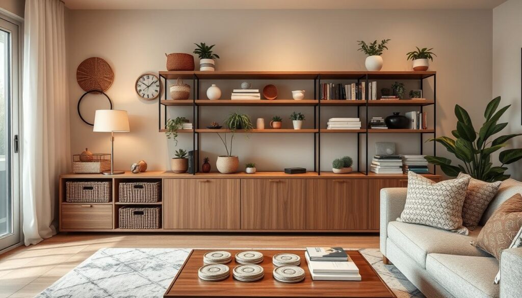 A cozy living room with wooden shelves, plants, decor, and soft lighting.
