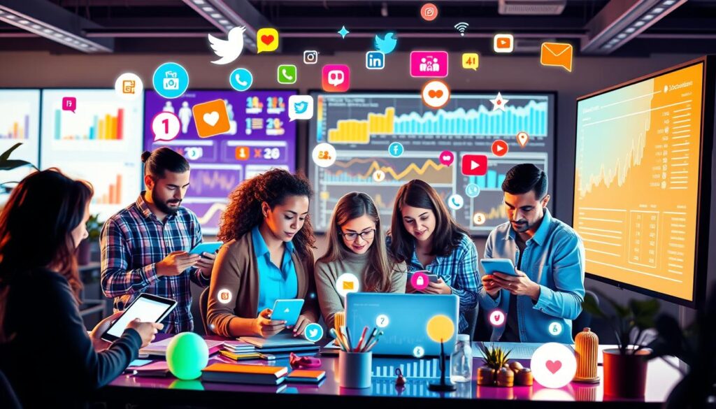A group of professionals collaborating on social media analytics, surrounded by floating app icons and data visualizations.