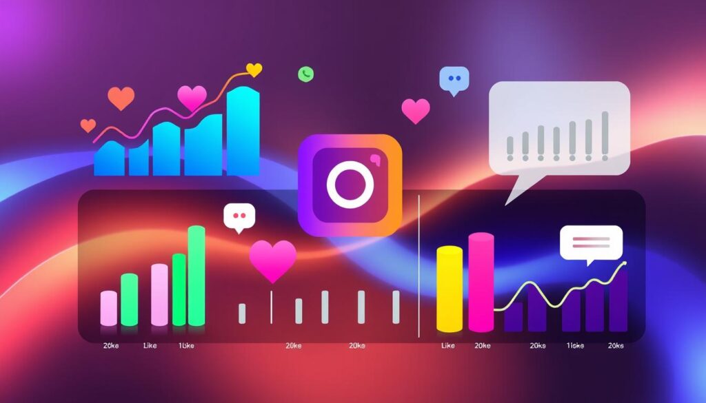 Instagram engagement metrics A graphic showing Instagram's logo, bar charts, and icons like hearts and chat bubbles, representing social media analytics.