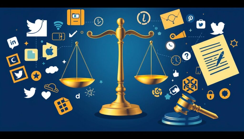 Legal compliance for sponsored content Scales of justice surrounded by various social media and digital icons, symbolizing online legal and ethical considerations.