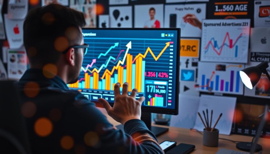 Measuring success of sponsored advertisements A person analyzing colorful charts and graphs of sponsored advertisements on a computer screen in a data-focused workspace.