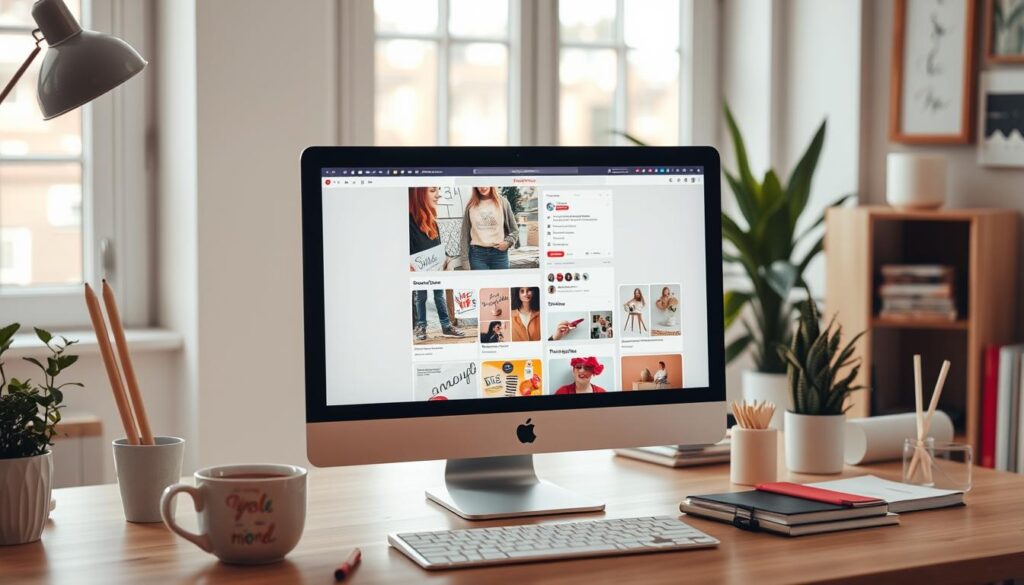 A computer on a wooden desk displaying a Pinterest images in a cozy, well-lit home office.