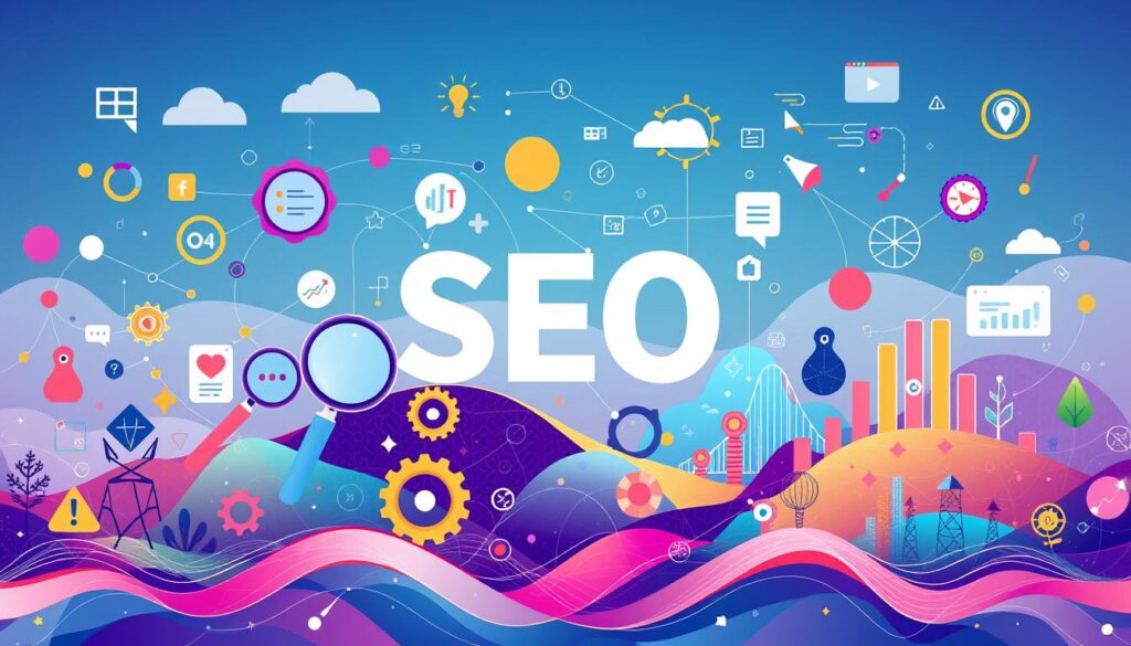 SEO optimization techniques An infographic with "SEO" at the center, surrounded by icons representing analytics, search tools, and other elements.