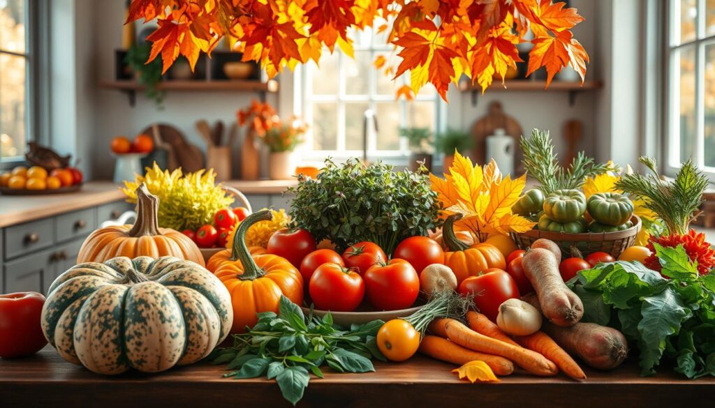 Seasonal recipes A vibrant autumn kitchen scene with pumpkins, tomatoes, carrots, and fresh herbs displayed on a wooden countertop.