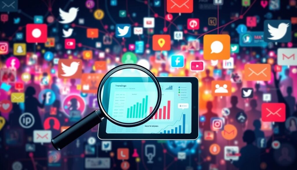 Social media listening for bloggers A tablet displaying social media analytics under a magnifying glass, surrounded by colorful app icons.