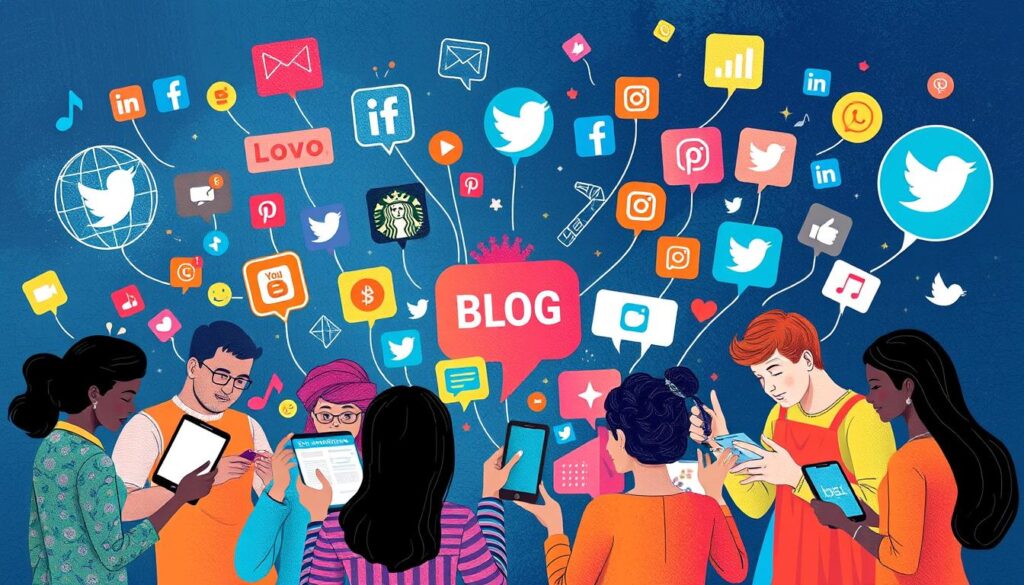 People interacting with devices surrounded by social media icons, representing blogging, digital marketing, and engagement.