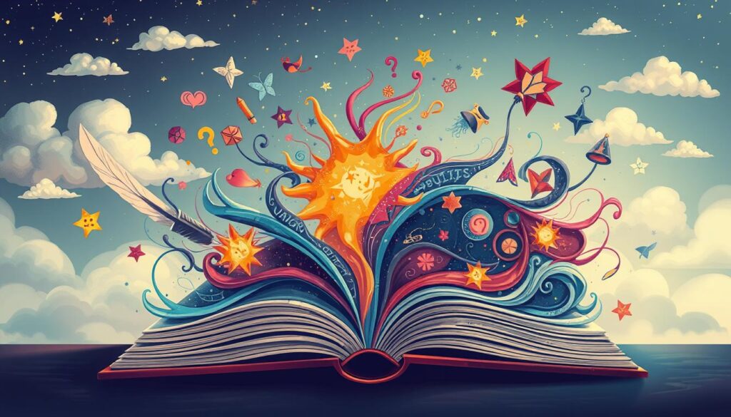 An open book with vibrant, magical elements like stars, suns, and feathers bursting out, symbolizing storytelling techniques.