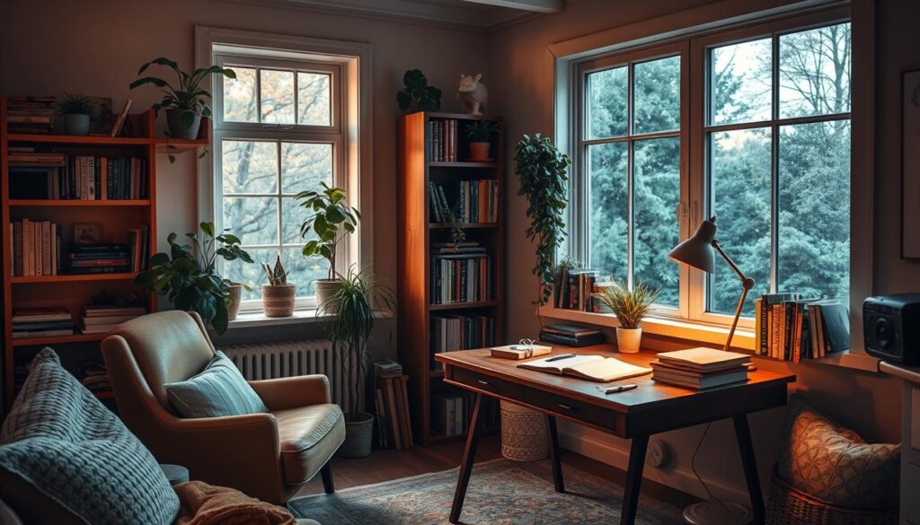 Supportive writing space An inviting writing workspace with a wooden desk, bookshelves, potted plants, and a cozy armchair by large windows.