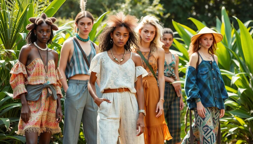 Sustainable fashion choices A group of models in vibrant, bohemian-style outfits posing outdoors among lush greenery.