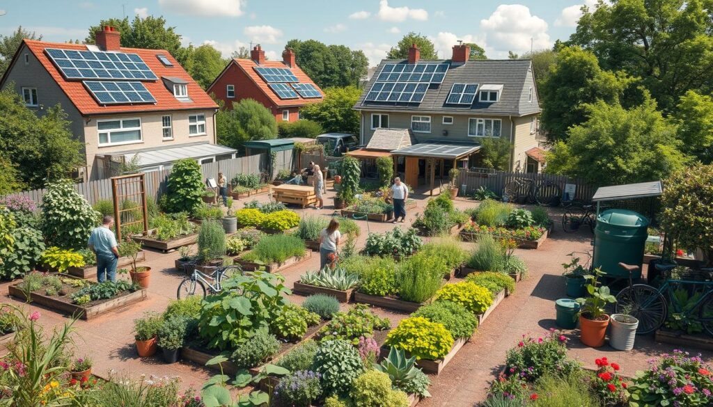 A garden with solar-powered homes, showcasing sustainable living practices through renewable energy and urban gardening.