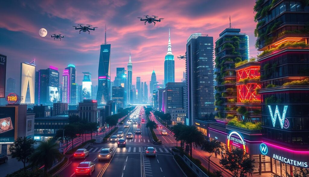 Technology trends and AI innovations A cityscape with neon lights, drones, and AI-driven technology, showcasing emerging trends and innovations in technology.