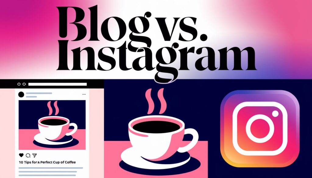 A graphic comparing "Blog vs. Instagram," featuring a coffee cup and the Instagram logo in a vibrant pink and purple theme.