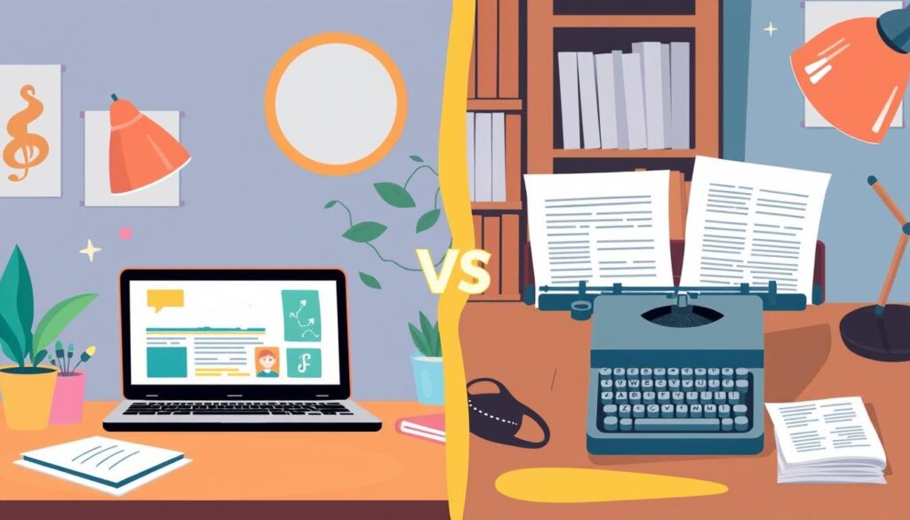 Illustration comparing blogging on a laptop (left) vs traditional article writing with a typewriter (right).