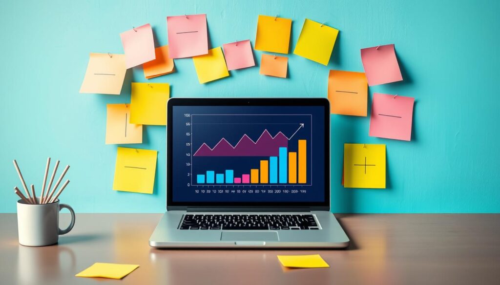 content optimization A laptop displaying a colorful bar and line graph, surrounded by sticky notes on a blue wall, with pencils in a cup on a desk.