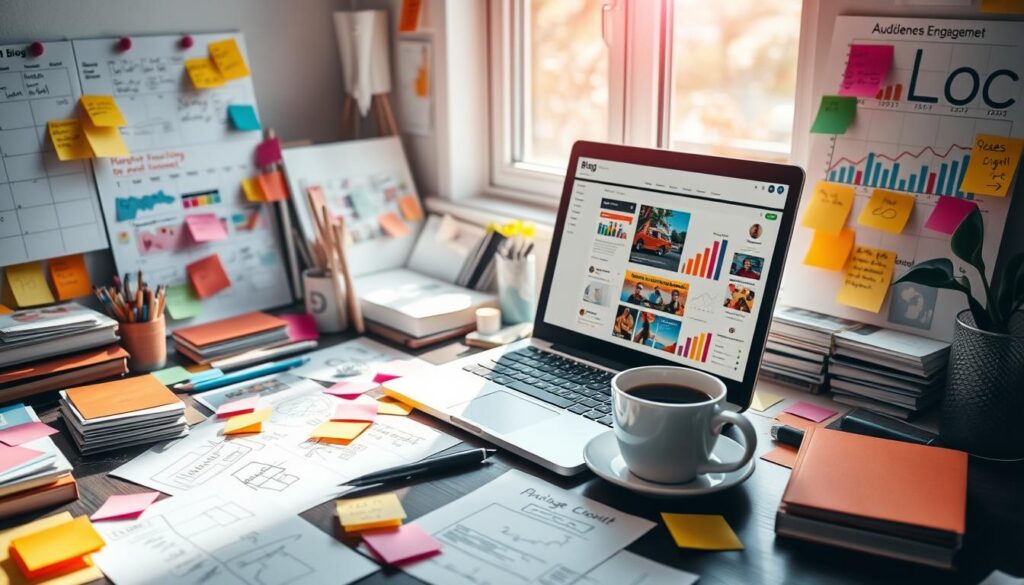 content strategy for earning from blogs A laptop, coffee cup, notebooks, sticky notes, and charts, showcasing a creative workspace.