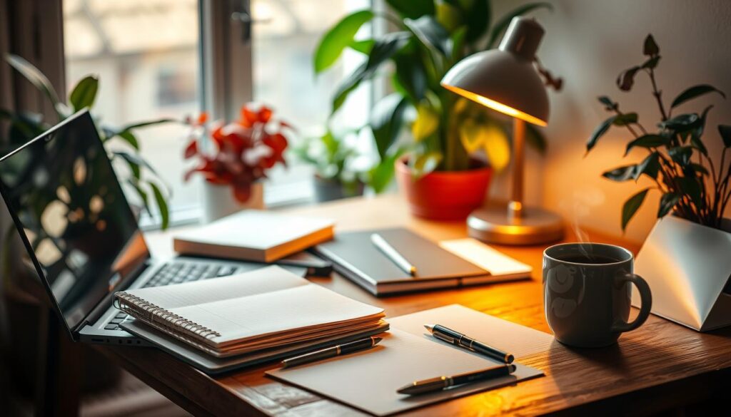 productive writing routine A cozy workspace featuring a laptop, notebooks, pens, a steaming mug, and potted plants.