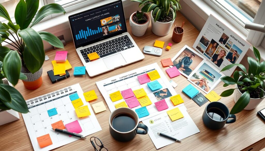 A desk setup with a laptop, calendar, sticky notes, and content planning materials, surrounded by plants and coffee cups.