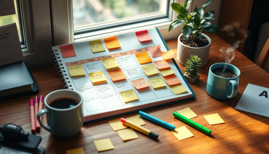 Blog editorial calendar Organized workspace with a planner, sticky notes, pens, and coffee—ideal for planning blog content and staying productive.
