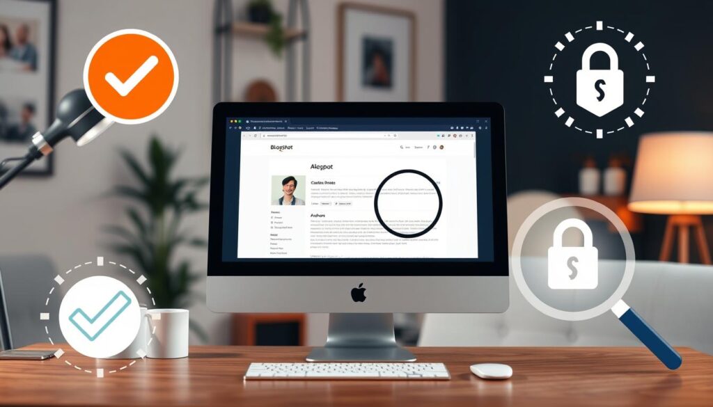 Blogspot blog verification through About page A blogspot dashboard on a desktop with verification icons, emphasizing secure and authentic blog ownership.