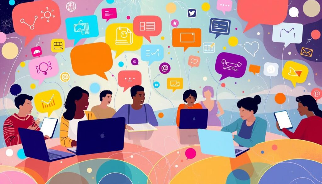 Community building through blogging People collaborating on laptops with colorful icons, symbolizing community building and idea sharing through blogging.