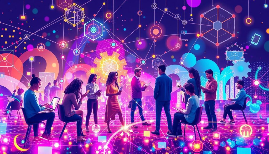 Connecting with Like-Minded Individuals through Blogging An illustration of individuals in a vibrant digital network, symbolizing blogging as a way to connect with like-minded people.