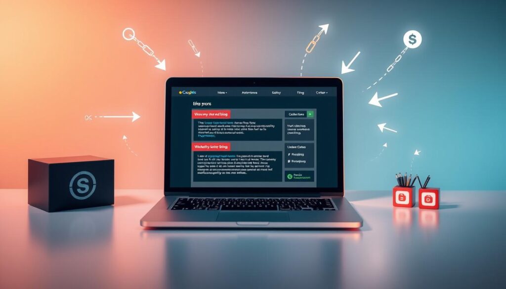 Effective anchor text for blog partnerships A laptop screen with visuals of links and money symbols, symbolizing the monetization potential of effective blog linking strategies.