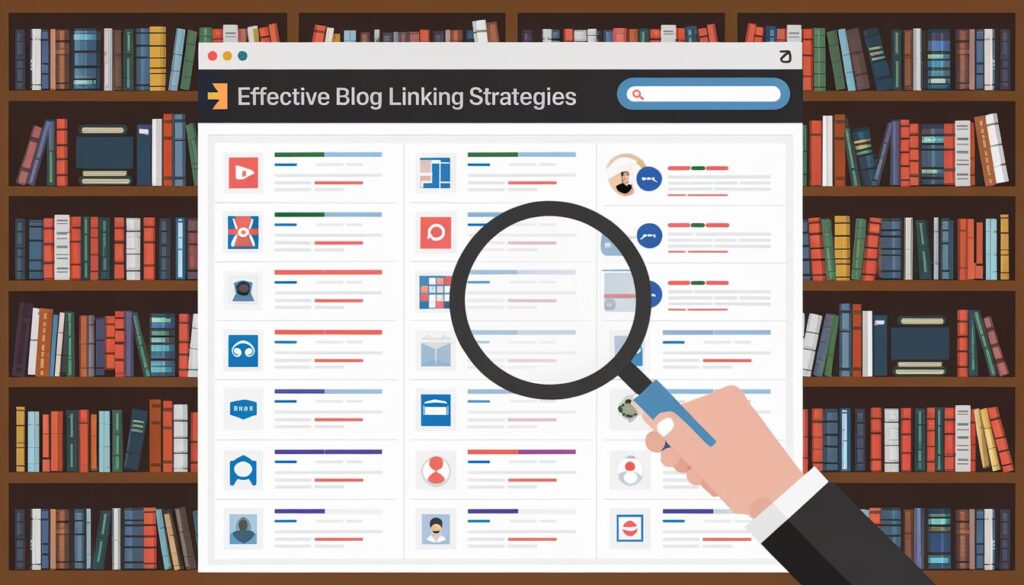 Illustration of blog linking strategies, highlighting resource discovery and detailed analysis with a magnifying glass focus.