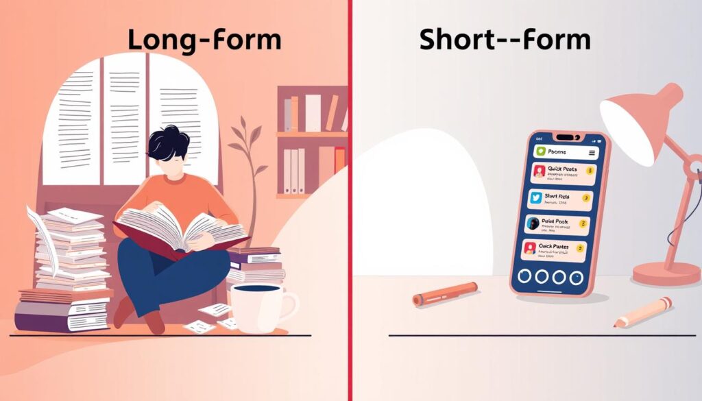 Long-form vs short-form content comparison
A comparison of long-form content (books) and short-form content (mobile apps), showcasing diverse content consumption styles.