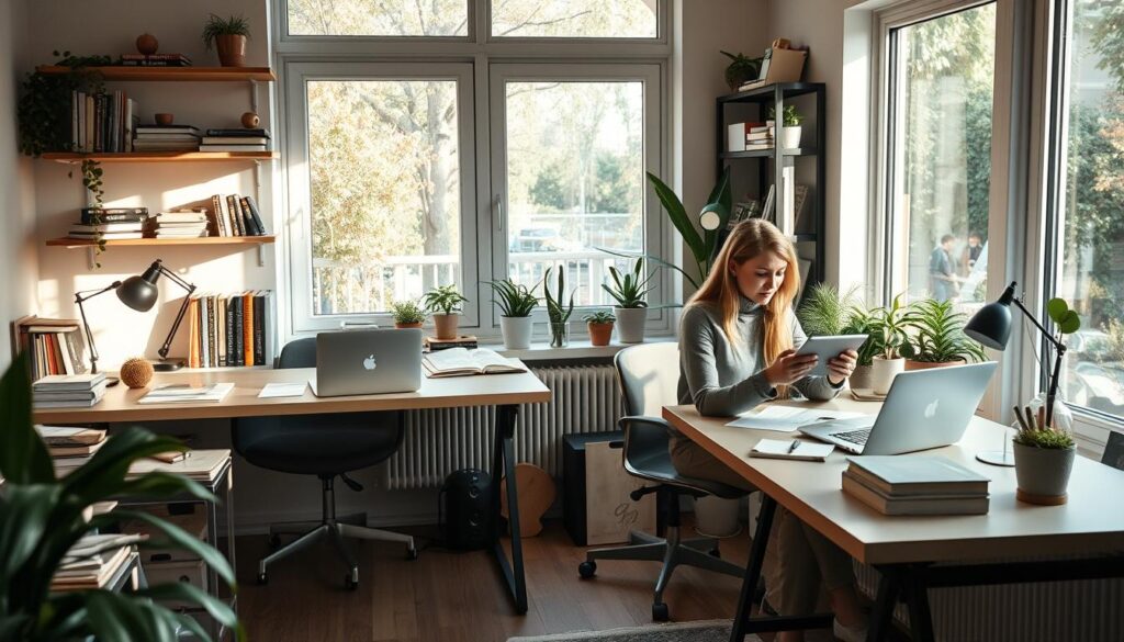 Professional bloggers at work A female blogger working on a tablet, surrounded by laptops, books, and plants, creating content.