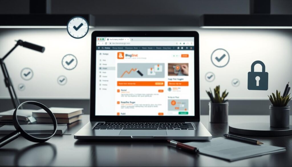 Validate Blogspot blog authenticity A laptop displaying a blog dashboard with checkmark icons, emphasizing authenticity and trust in blogging content.