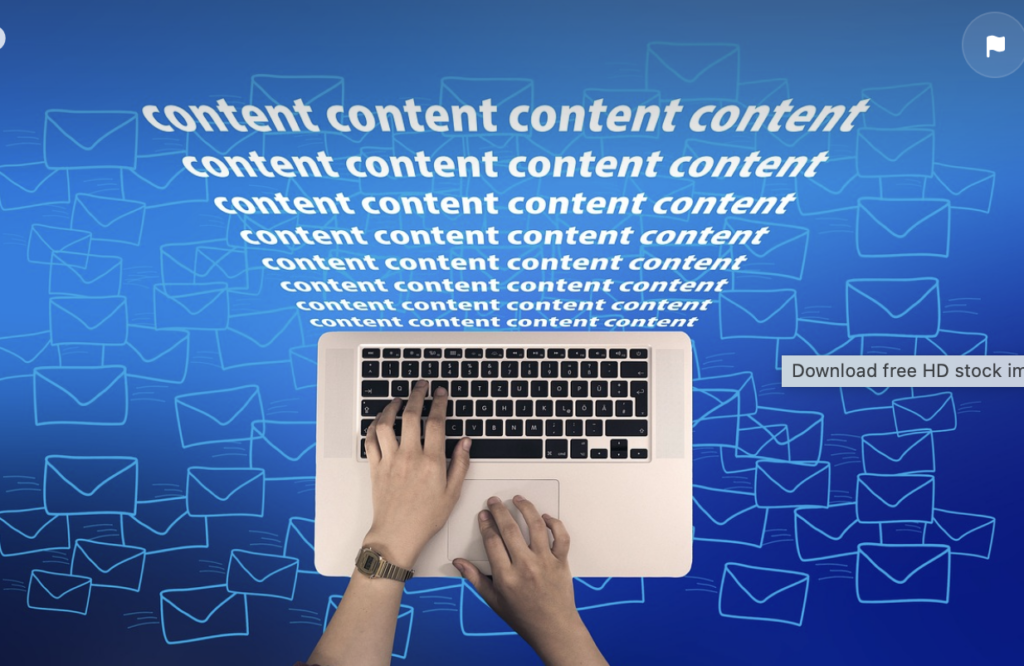 Hands typing on a laptop with the word "content" repeatedly displayed, surrounded by envelope icons on a blue background.
