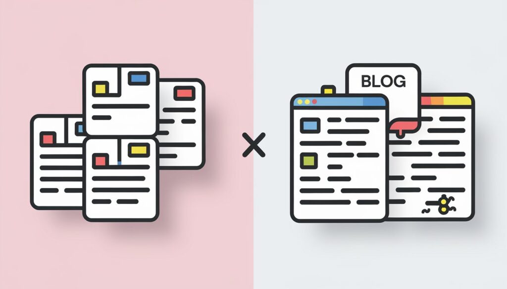 An illustration comparing wikis (collaborative knowledge-sharing) and blogs (personal or brand-driven content).