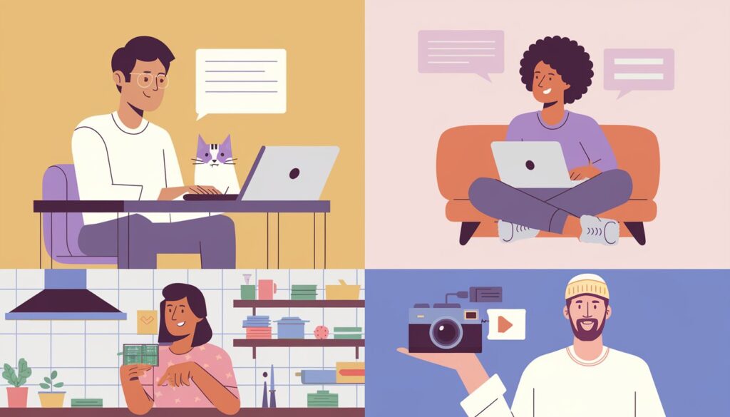 Illustration of niche bloggers working in tech, lifestyle, food, and photography, highlighting diverse blogging opportunities.