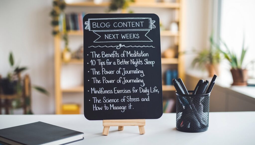 A chalkboard with a list of upcoming blog topics on a desk with pens in a holder.