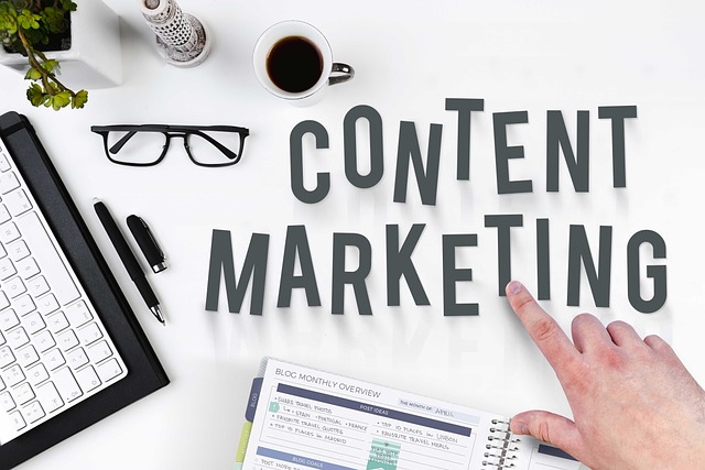 
A workspace with "Content Marketing" text, a keyboard, planner, and coffee, representing strategic content creation and planning.