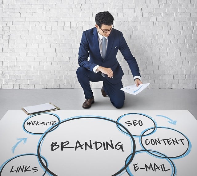 A man in a suit analyzing a diagram with 'Branding' at the center, surrounded by SEO, content, email, links, and website elements.