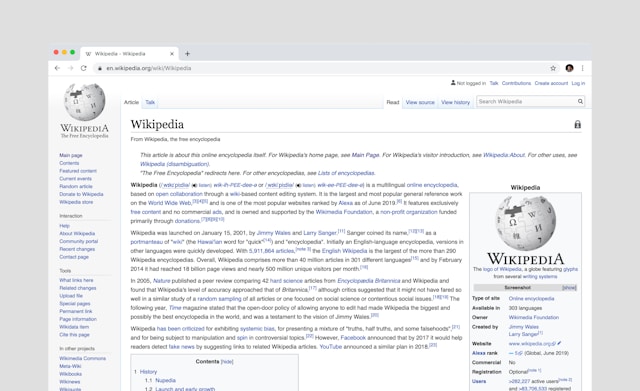 A screenshot of the Wikipedia homepage, displaying an article about Wikipedia.