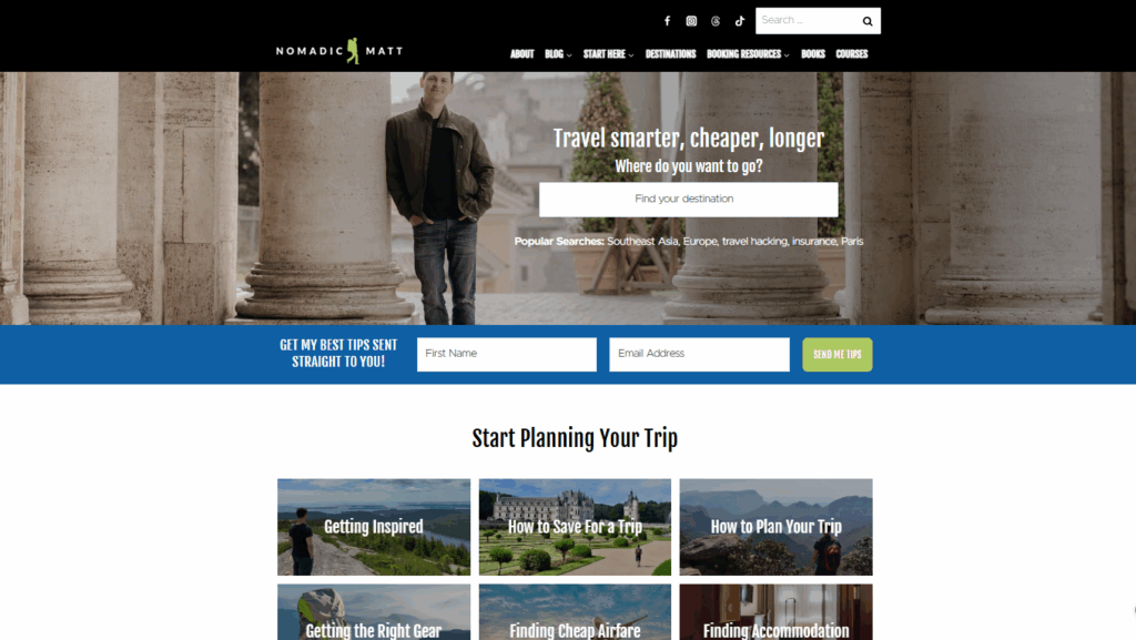 A screenshot of the Nomadic Matt travel blog homepage.