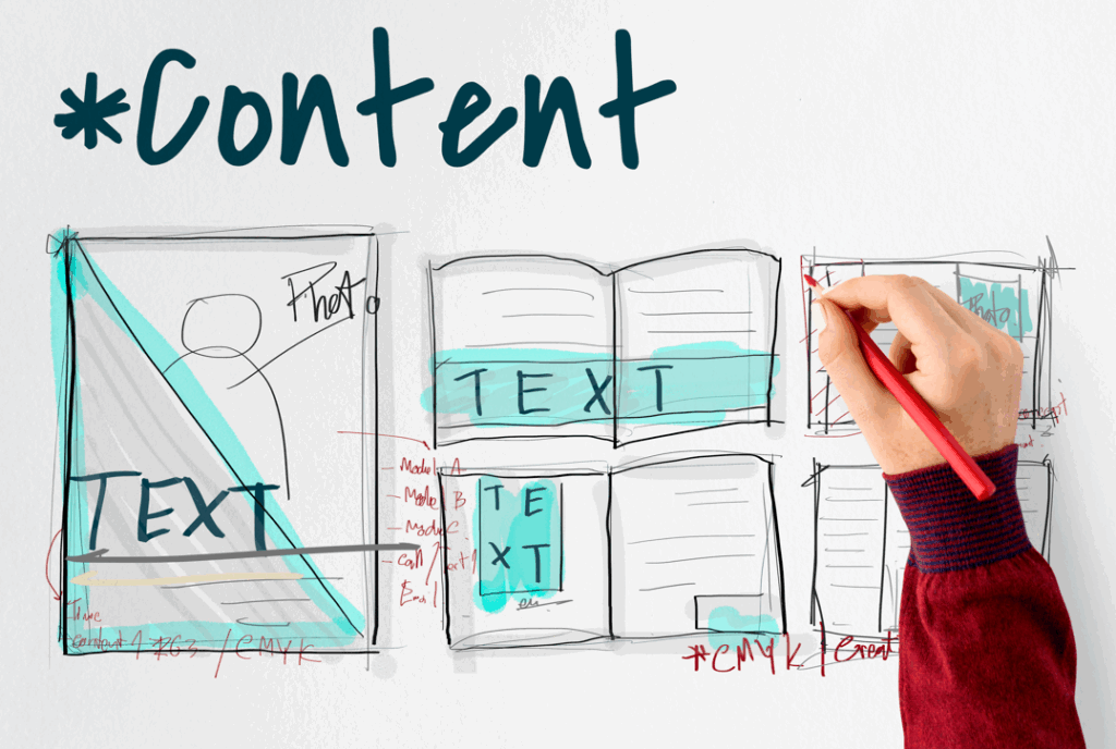A hand-sketching layout design for content pages, with rough drawings of text blocks, photos, and page arrangements.