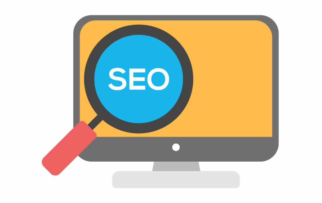 An illustration of a magnifying glass labeled “SEO” displayed over a computer monitor.