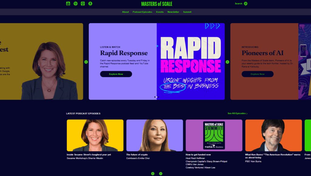 A screenshot of the Masters of Scale with Reid Hoffman podcast page.