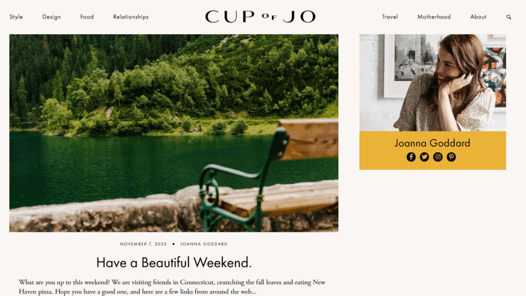 Screenshot of the blog 'Cup of Jo' by Joanna Goddard, showing her social media links.