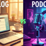 A split image of a laptop (Blog) and a professional microphone setup (Podcast).